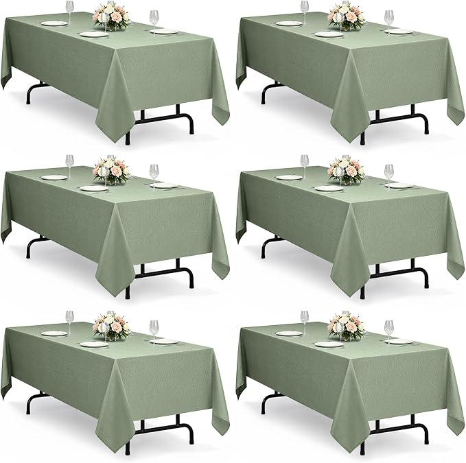 Decorelia Linen Texture Table Cloths for 6 Ft Rectangle Tables-6 Pack, Sage Green Washable Polyester Rustic Fabric Faux Linen Table Cloth Cover for Wedding,Outdoor,Events, Party,Banquet, 60x102 Inch