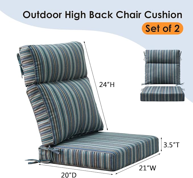 Unimatta Sunbrella Outdoor Separate High Back Cushion Seat Pads, 2-Pack 44 x 21 Inch Water-Repellent & Fade-Resistant Patio Furniture Cushions with Ties for Adirondack, Rocking Chairs, Troupe Dock