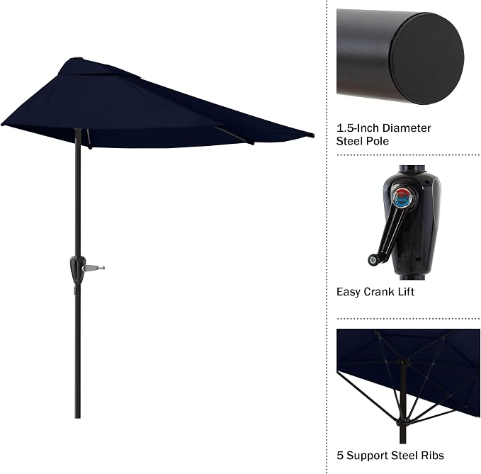 Half Umbrella Outdoor Patio Shade - 9 ft Patio Umbrella with Easy Crank - Small Canopy for Balcony, Table, or Deck by Pure Garden (Navy Blue)