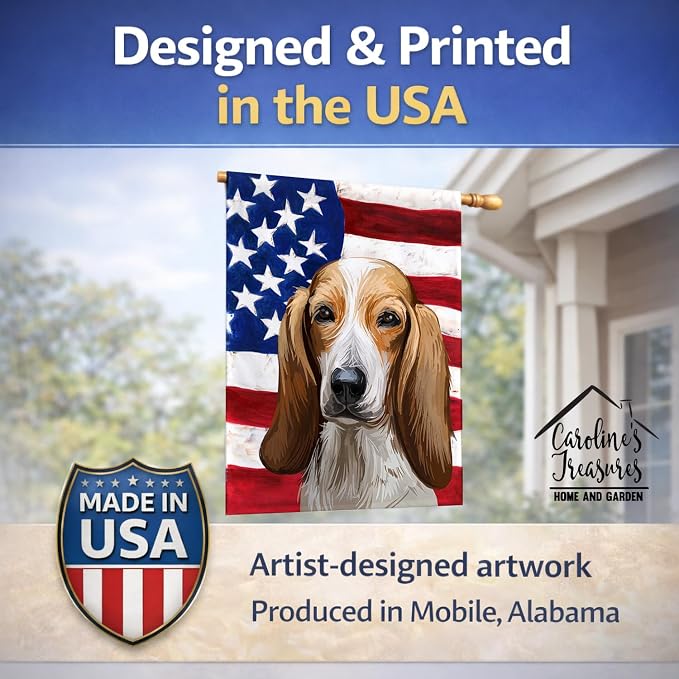 Caroline's Treasures CK6684CHF Colombian Fino Hound Dog American Flag House Flag Large Porch Sleeve Pole Decorative Outside Yard Banner Artwork Wall Hanging, Polyester, House Size, Multicolor