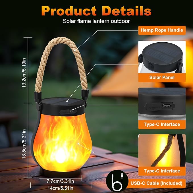 Solar Lanterns Outdoor 4-Pack with Ultra-Real Flame Lights, Dual Charging (USB/Solar), 2 Modes & Outdoor Waterproof Design — Decorative Hanging/Table Lights for Yard, Patio, Garden