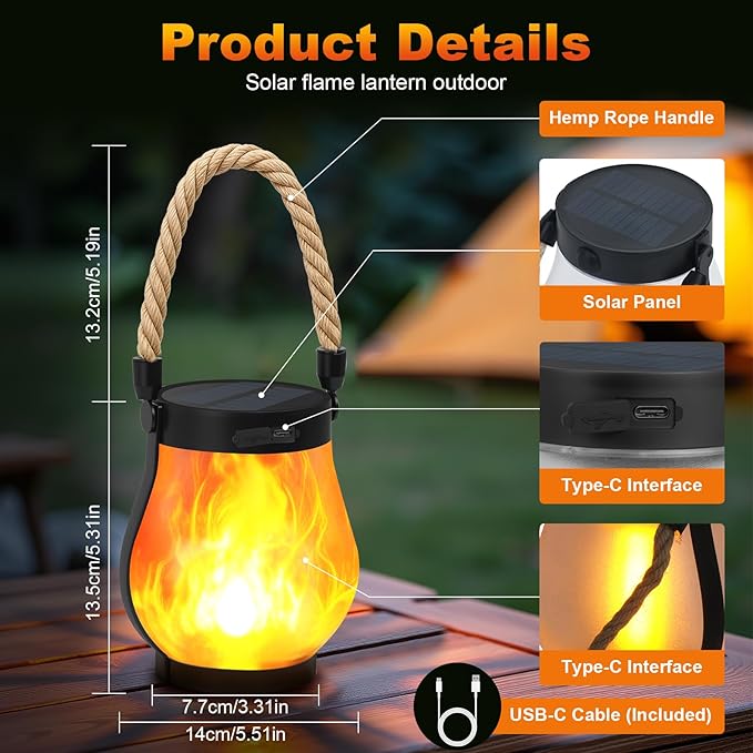 Solar Lanterns Outdoor 4-Pack with Ultra-Real Flame Lights, Dual Charging (USB/Solar), 2 Modes & Outdoor Waterproof Design — Decorative Hanging/Table Lights for Yard, Patio, Garden