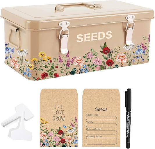 JarThenaAMCS Spring Wildflower Metal Seed Storage Organizer 4 Dividers Vintage Floral Metal Seed Saving Box with 50 Kraft Seeds Envelopes 50 Blank Plant Label Stakes 1 Marker Pen for Home Garden