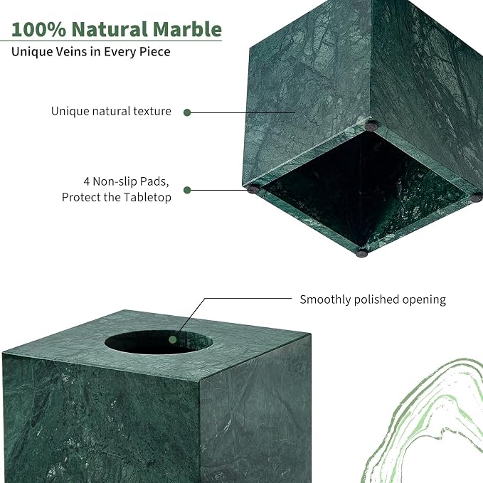 Real Natural Marble Tissue Box Cover, 5.5 Inch Square Marble Tissue Box Holder with Open Bottom, Heavy Stone Decorative Organizer for Bathroom Vanity, Kitchen Countertop, Luxury Home Décor