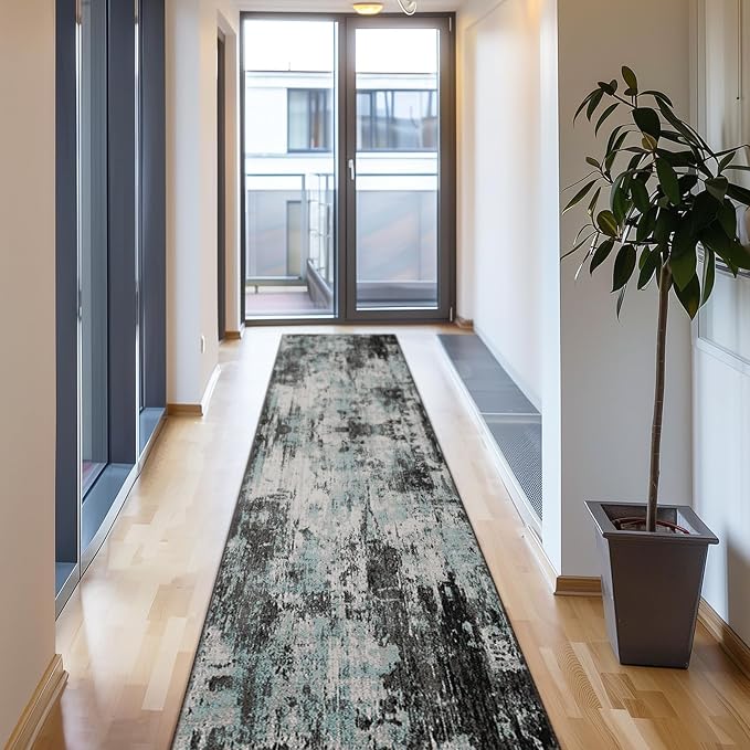 RELEANY Washable Runner 2'x10' Abstract Area Rug for Hallway Teal Black | Carpet for Kitchen, Entryway, Bathroom, Living Room, Bedroom, Printed Pattern, Non‑Slip, Soft, Stain‑Resistant, Easy to Clean