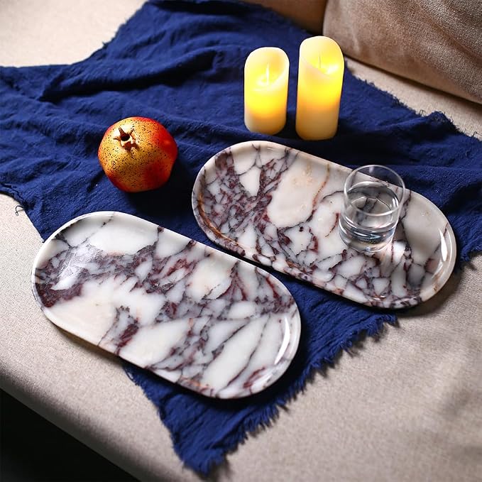 DUANYAN Natural Marble Tray, Coffee Table, Food, Fruit, Paper Cup, Cake Display, Coffee bar, Family Gatherings, Seasonal Holiday Decoration Tray(Viola-oval-11 x5 x0.7)