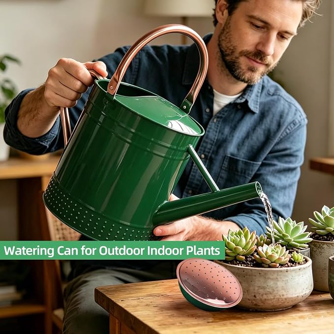 2 Gallon Meltal Garden Watering Can Removable Spout, Galvanized Steel Large Water Can with Embossed Design for Outdoor Indoor Plants (Green, 2 Gallon)