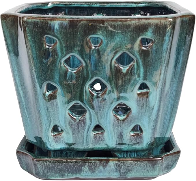 W&W Orchid Pot with Holes and Saucer for Repotting, Green Mix, 7"