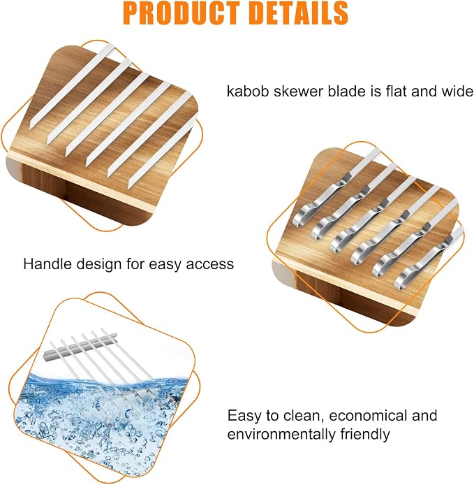 Stainless Steel Shish Kabob Skewers - 17' Long, 0.35' Wide BBQ Skewers (Set of 6) + 2 Grill Racks + 1 Storage Case
