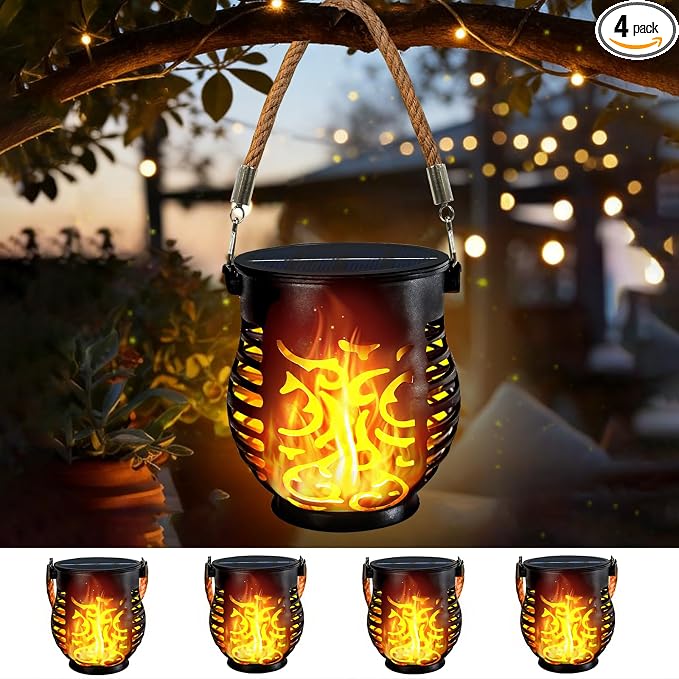 4 Pack Solar Lights Outdoor Waterproof Hanging Solar Lanterns Flame Lights | Flickering Flame, IP65 Waterproof, Auto On/Off Solar Powered, Hemp Rope Handle, Outdoor Indoor Garden Camp Yard Tree Decor