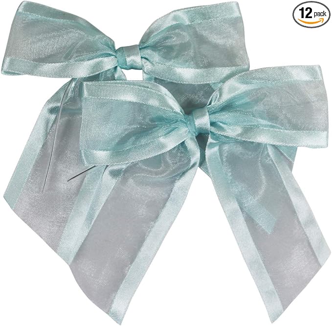 Light Blue Pre-Tied Organza Bows with Twist Ties. Pack of 12 Satin-Edged Fabric Bows Made of 1-1/2" Ribbon. Bow Measures 4" Wide (12, Light Blue)