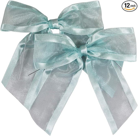 Light Blue Pre-Tied Organza Bows with Twist Ties. Pack of 12 Satin-Edged Fabric Bows Made of 1-1/2" Ribbon. Bow Measures 4" Wide (12, Light Blue)