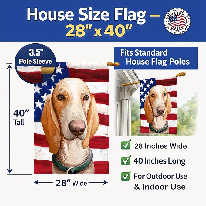 Caroline's Treasures CK6658CHF Porcelaine Dog American Flag House Flag Large Porch Sleeve Pole Decorative Outside Yard Banner Artwork Wall Hanging, Polyester, House Size, Multicolor