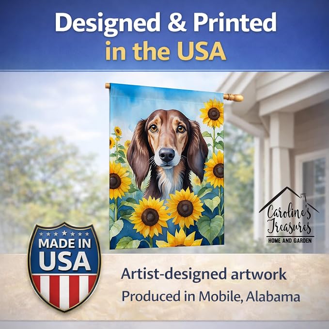 Caroline's Treasures DAC6152CHF Saluki in Sunflowers House Flag Large Porch Sleeve Pole Decorative Outside Yard Banner Artwork Wall Hanging, Polyester, House Size, Multicolor