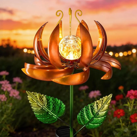 Solar Yard Lights Wind Spinners- Metal Lotus Flower Garden Decor LED Crackle Glass Globe Yard Art Sculpture Solar Stake Lights for Patio Pathway Lawn Walkway (Yellow-Large)