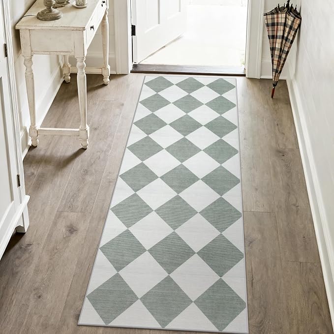Beeiva Checkered Print Bathroom Runner Rug 2x6, Washable Non Slip Runner Rug for Hallway Ultra Thin Soft 2x6 Capet for Bedroom Decor, Modern Diamond Alfombra for Kitchen Laundry Entryway (Green/White)