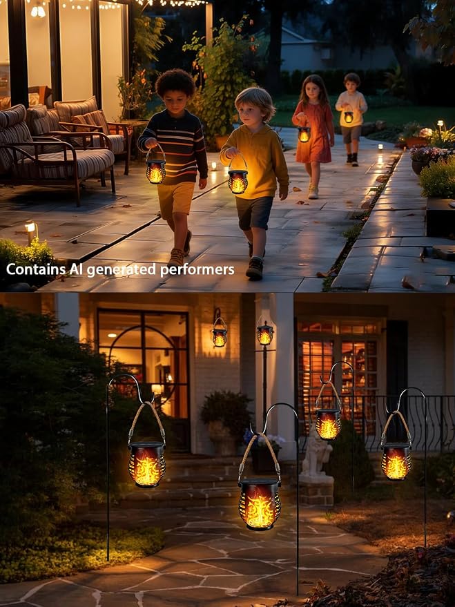 1 Pack Solar Lights Outdoor Waterproof Hanging Solar Lanterns Flame Lights | Flickering Flame, IP65 Waterproof, Auto On/Off Solar Powered, Hemp Rope Handle, Outside Garden Porch Indoor Tabletop Decor