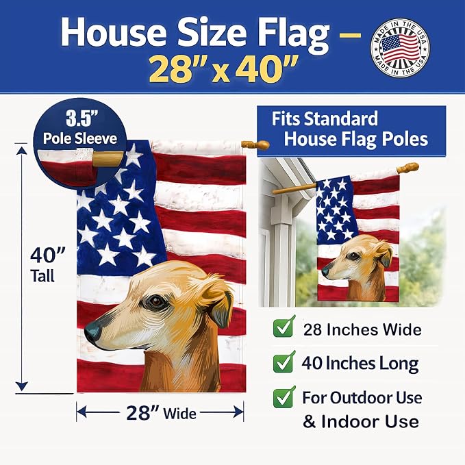 Caroline's Treasures CK6530CHF Galgo Espanol Dog American Flag House Flag Large Porch Sleeve Pole Decorative Outside Yard Banner Artwork Wall Hanging, Polyester, House Size, Multicolor