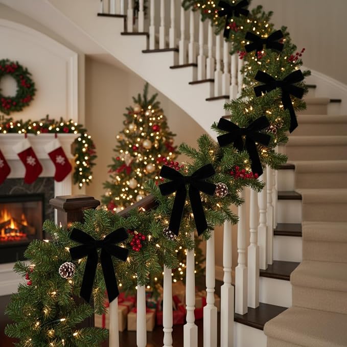 Soulchen 12 Pcs 20 Inches Christmas Garland Ties with Large Velvet Bows Reusable Holiday Wreath Twist Tie Bows for Banister Christmas Tree Indoor Outdoor Party Decorations (Black)
