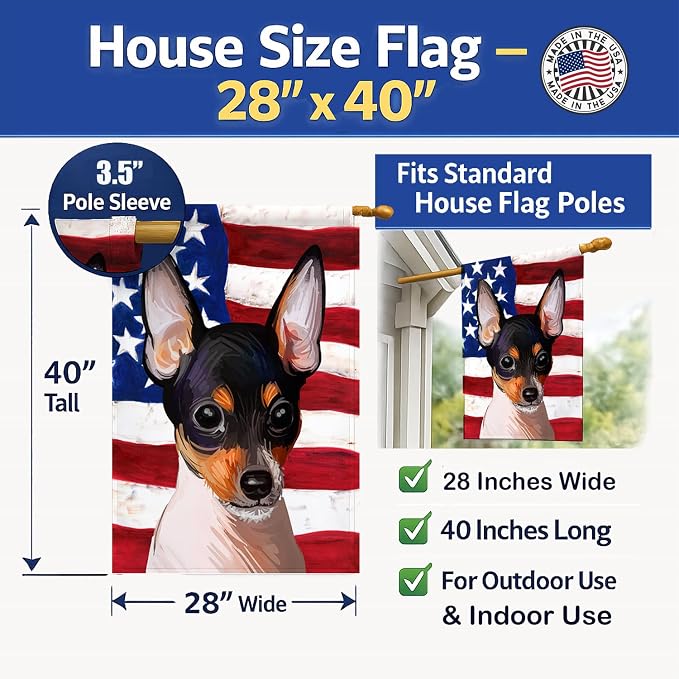 Caroline's Treasures CK6742CHF Toy Fox Terrier American Flag House Flag Large Porch Sleeve Pole Decorative Outside Yard Banner Artwork Wall Hanging, Polyester, House Size, Multicolor