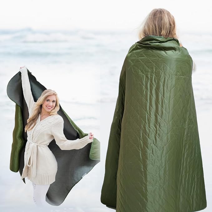 Large Outdoor Waterproof Blanket-Quilted Extra Thick Fleece Windproof Warm Includes Stuff Sack Shoulder Strap Machine Washable,55"x78"- Army Green