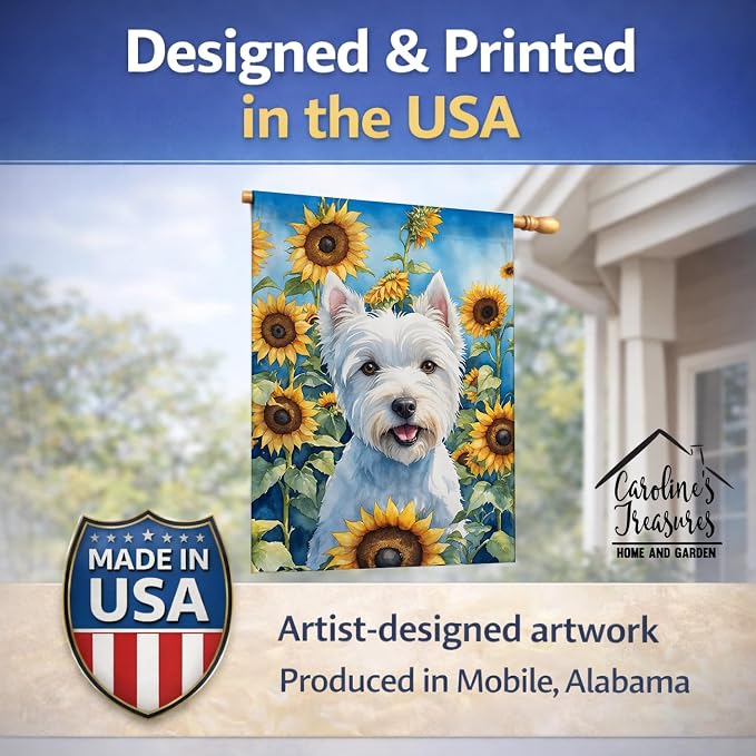 Caroline's Treasures DAC6173CHF Westie in Sunflowers House Flag Large Porch Sleeve Pole Decorative Outside Yard Banner Artwork Wall Hanging, Polyester, House Size, Multicolor