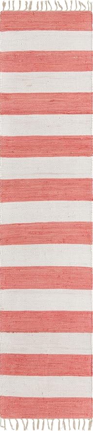 Unique Loom Chindi Rag Collection Area Rug - Striped (2' 7" x 12' 2" Runner, Coral and Ivory)