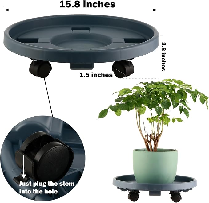 3 Pakcs Large Plant Caddy with Wheels 15.8" Rolling Plant Stands Heavy-duty Plastic Plant Roller Base Pot Movers Plant Saucer on Wheels Indoor Outdoor Plant Dolly with Caster Planter Tray Coaster Grey