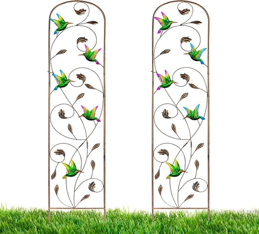 LEWIS&WAYNE 2 Pack Metal Garden Trellis with Colorful Hummingbird 60 Inch High Outdoor Decoration Arched Fence Trellis for Climbing Plants for Patio, Lawn, Yard, Backyard, Wall Brackets