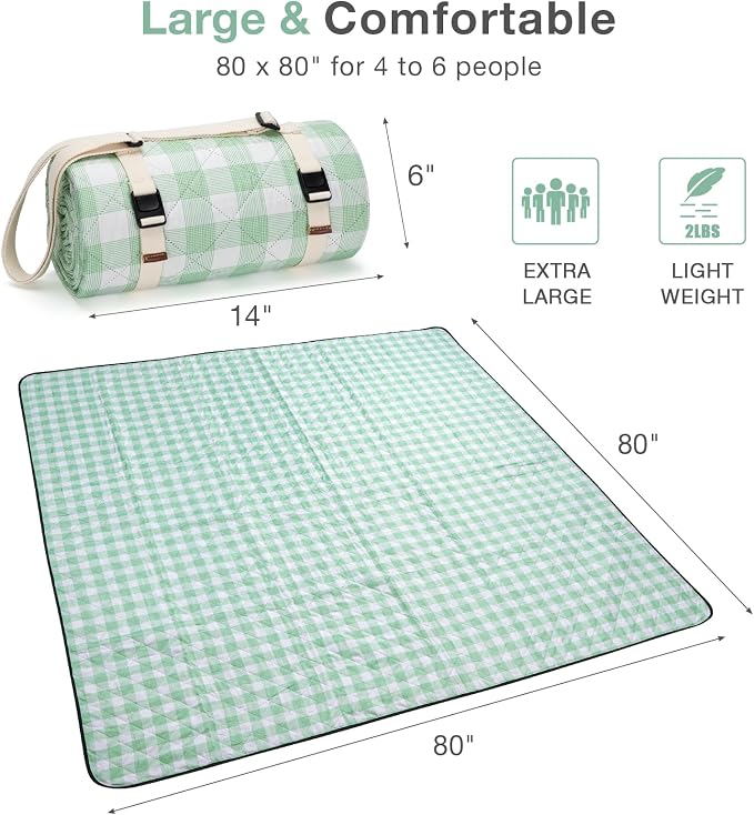 WILLOW WEAVE Picnic Blanket, 80''x80'' Waterproof Outdoor Blankets, Picnic Mat Washable for Beach, Picnic Blankets for Camping on Grass with Shoulder Strap - Green & White