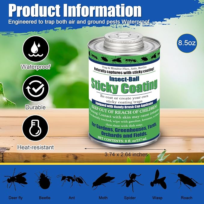 Insect Trap Sticky Coating with Brush and 12 Pcs Plastic Cups, 8 oz Insect Barrier Kit Outdoor DIY Adhesive Coating Pests for Gardens Greenhouses Orchards Plants(Deer Fly Trap Kit)