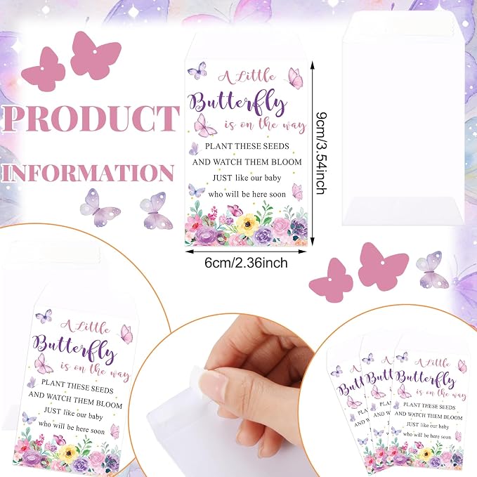Ctosree 50 Sets Butterfly Baby Shower Party Favors for Guests A Little Butterfly Is on The Way Seed Packets Include Self-adhesive Seed Packets Flowerpot Thank You Tags Organza Bags for Baby Shower