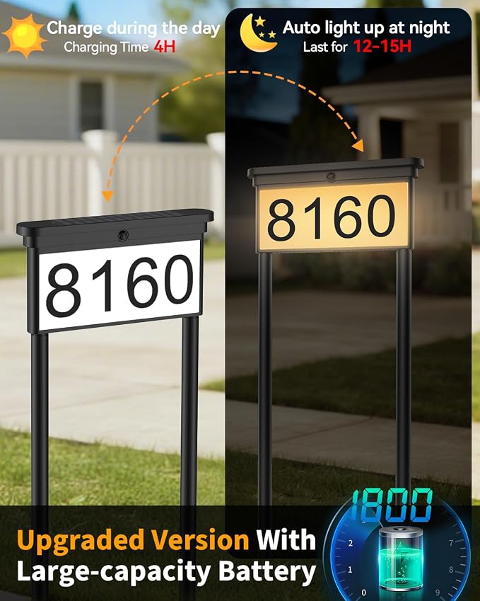 LumiZen New Upgraded Solar Address Sign,Double Sided Glow House Numbers with Auto On/Off, 3-Color Lighting Modes Mailbox Number Plaque Waterproof, Dual Stakes for Home Yard Driveway
