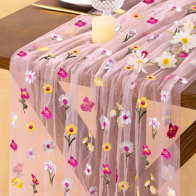 Socomi Flower Table Runner Summer Daisy Floral Tulle Gauze Cheesecloth Embroidery Table Runners for Tea Party Garden Wedding Bridal Baby Shower Birthday Picnic Decor Pink 3pcs