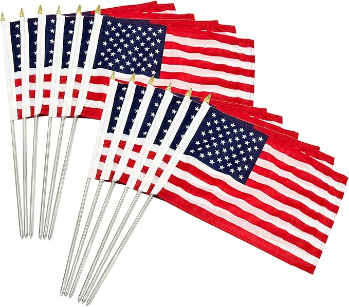 TOPFLAGS 12x18 Small American Flag on Stick 12 Pack Mini US Flags 12x18 Inch Metal Handheld Pole for Outside 4th of July Memorial Day USA 250th Anniversary Patriotic Decorations