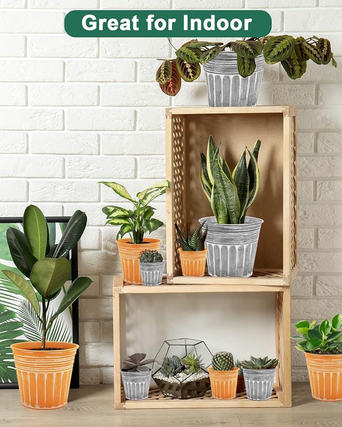 vensovo 7 Inch Galvanized Bucket Planter - 6 Pack Metal Flower Pots with Drainage Holes & Plugs, Rustic Orange Tin Pots for Indoor Herbs, Outdoor Succulents, Farmhouse Home Garden Decor