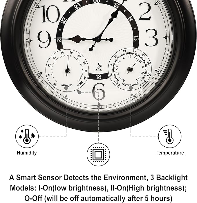 18-Inch Outdoor Wall Clock with Thermometer Hygrometer, LED Auto Light Sensor, Outdoor Clock Waterproof Large Display for Garden Patio Home Decor
