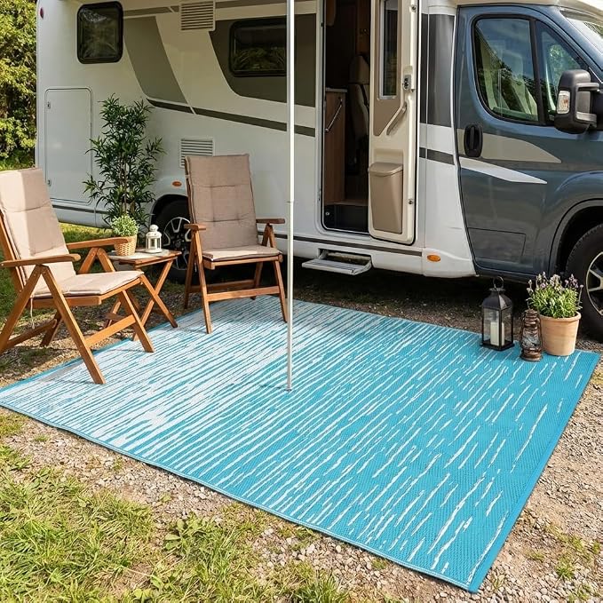 Garvee Waterproof Outdoor Rug for Camping, 6x9 Abstract Outdoor Patio Rug Plastic Straw RV Rugs for Outside, Reversible UV Resistant Modern Mats for Picnic Backyard Deck Balcony, Light Blue