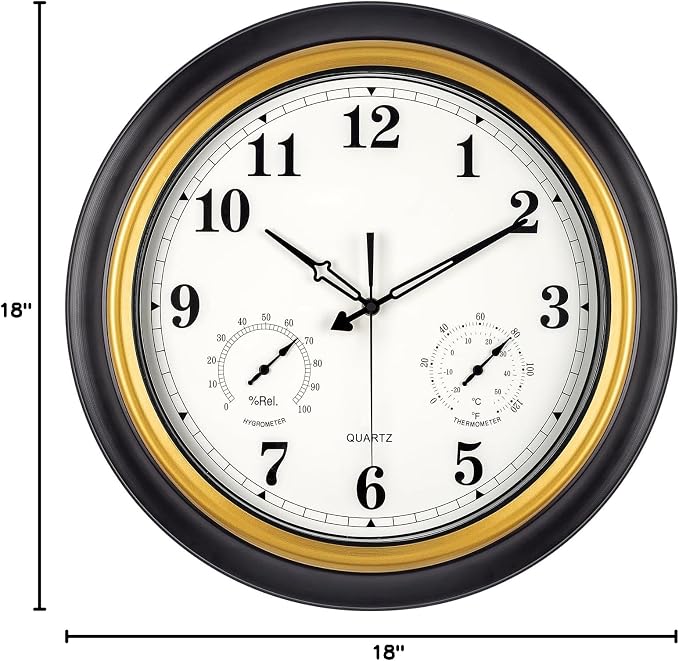 Outdoor Clock 18 Inch, Large Outdoor Clocks Waterproof Weatherproof with Thermometer & Hygrometer Combo, Easy-to-Read Outside Wall Clock for Patio, Garden, Poolside, Backyard, Seniors & Families