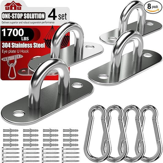 sprookber 304 Stainless Steel Pad Eye Snap Hooks, M10 Heavy Duty Ceiling Hooks, 1700lb Capacity Hammock Swing Hanging kit, Plant Hangers, Marine Hardware Staple Hook Loop with Screws, Set of 8