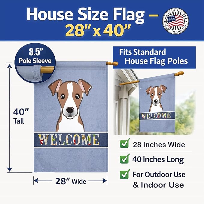 Caroline's Treasures BB1446CHF Jack Russell Terrier Welcome House Flag, Blue Large Porch Sleeve Pole Decorative Outside Yard Banner Artwork Wall Hanging, Polyester, House Size, Multicolor