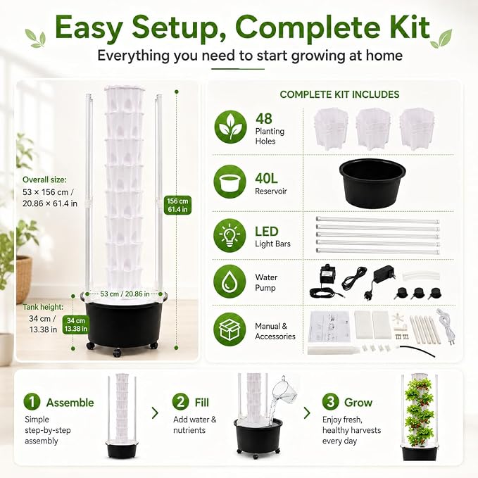 8 Tier Hydroponic Tower Garden - Indoor Vertical Gardening System 48 Holes with LED Grow Light & Self-Watering Pump, for Strawberries Lettuce Herbs, Home Grow Kit with Timer & Wheels
