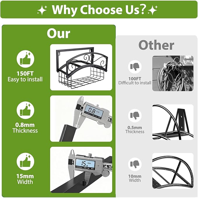 BOLITE Garden Hose Holder Wall Mount, Heavy Duty Metal Water Hose Holder with Basket for Outside, Hose Storage Holds 150FT Water Pipe for Yard, Lawn, Garden, Farm, Gifts for Women Men
