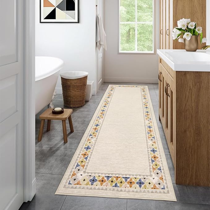 Garvee 2x6 Tribal Border Kitchen Rugs Washable Rugs for Hallway, Beige | Floral Border Area Rug Stain Resistant Easy Cleaning Throw Rugs Low Pile Floor Cover for Bedroom Laundry
