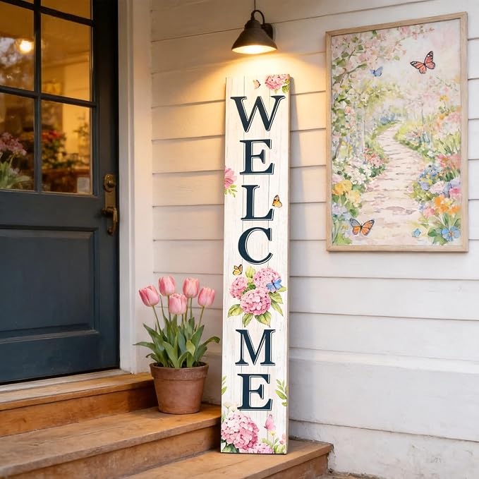 Welcome Sign for Front Porch, 47" Wood Framed Porch Sign Hydrangea Flower Decorations with Hanging Rope, Farmhouse Yard Signs Home Decor for Outdoor Patio