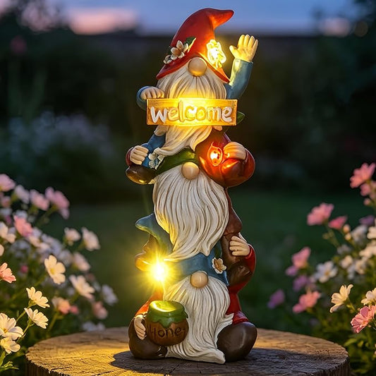 Garden Gnomes Outdoor Decor - Triple Stacked Gnome Statue with Solar Light - Weatherproof Resin Garden Decor for Outside Yard Lawn Patio - Unique Birthday Gift for Women Mom