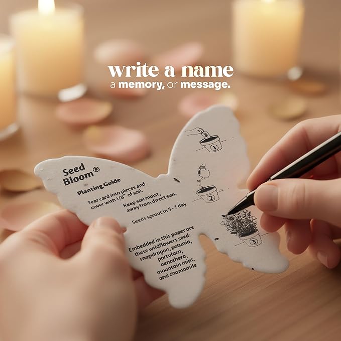 Plantable Memorial Gift Tags with Wildflower Seeds – 48 Pack Black & White Butterfly-Shaped Writable Gift Wrap Tags for Funeral Favors, Sympathy Gifts & Celebration of Life Keepsakes