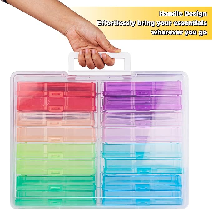 Plastic Clear Photo Storage Box Picture Storage Containers With Handle,16 inner 4×6 inch Photo Cases For Photos,Picture,Greeting Card,Stickers,Seed,Craft Supplies (Colorful)