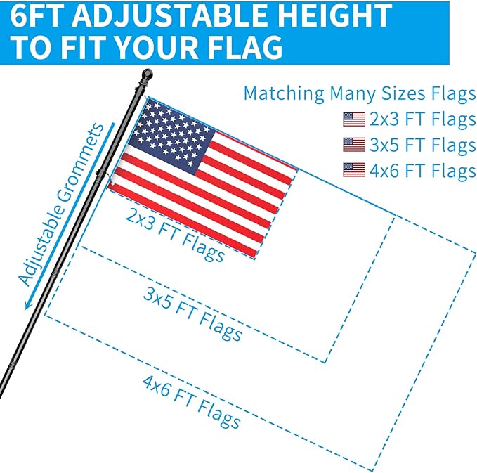ZMTECH Flag Pole - Upgraded Bracket, (2 Packs) 6 FT Stainless Steel Flag Poles for Outside House, Residential or Commerical, Tangle Free Flag Pole Kit for American Flag (Without Flag, Black)