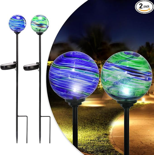 Solar Outdoor Decorative Lights Color Swirl Solar Garden Stake Glaze Glass LED Garden Globe Lights Outdoor Decorative Light for Pathway Yard Lawn Decoration 2 Pack Blue&Green